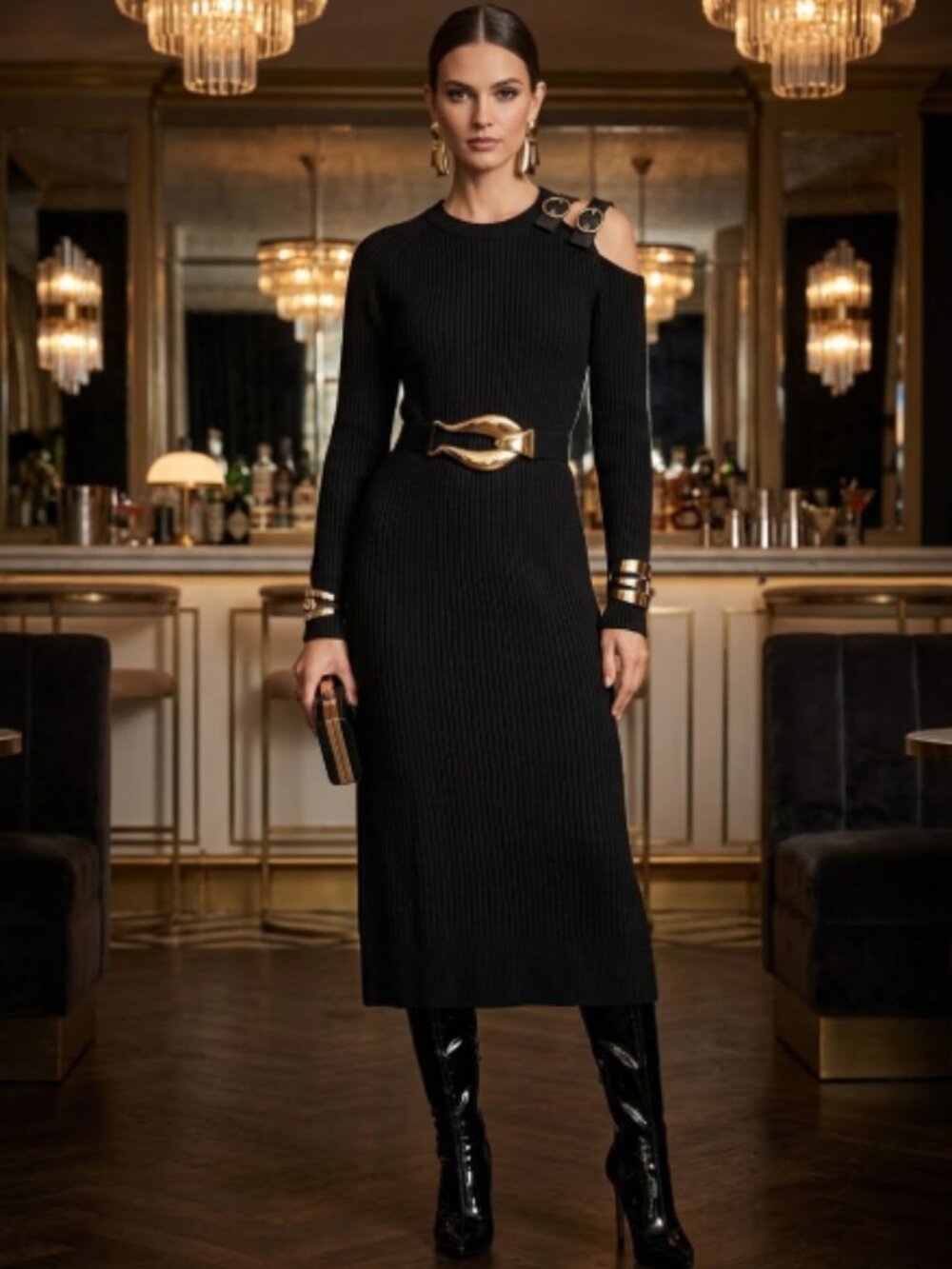 New Arrival! Donna Karan One Shoulder Gold Buckle Ribbed Sweater Dress M NWT